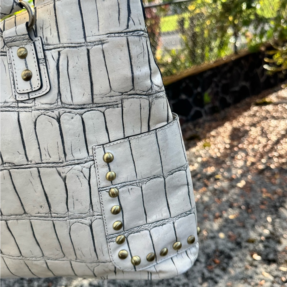 Sharif Studio Cream Croc Embossed Studded Tote Bag - Picture 9 of 15